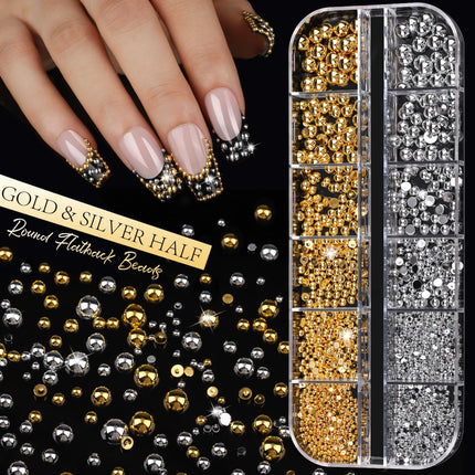 Gold and Silver Nail Charms and Gems Set, 6 Boxes Multi-Shapes Nail Gems Nail Rhinestones Nail Pearls for Nail Art Design