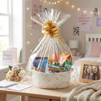 SUNCOLOR Small Woven Gift Basket Set with Cut Paper Shred Filler, Pull Bow & Cellophane Bag, 12x8x5 Inch Durable Cotton Rope Storage Basket for Easter, Baby Shower, Birthday, Holidays