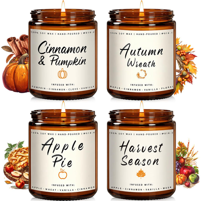 Fall Candle Set | 4 Pack Scented Candles for Home - Candle Gifts for Women Men, Soy Candles Home Scented | Autumn Fragrance of - Apple Pie/Cinnamon/Harvest/Wreath