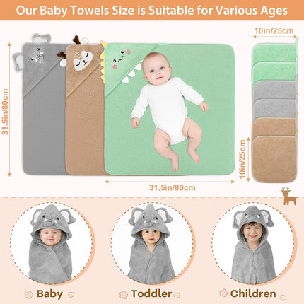 CandyHome 9 PCS Baby Bath Towels for Infants Toddlers, 3 PCS Animal Hooded Baby Towels & 6 PCS Washcloths Set, Ultra Absorbent Soft Cute Newborn Bath Essentials Gifts for Boys & Girls