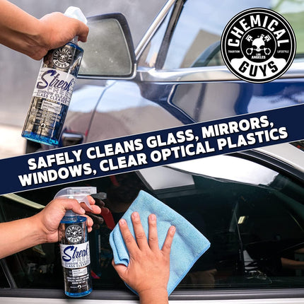 Chemical Guys Streak Free Glass & Window Cleaner (Glass, Windows, Mirrors, Nav Screens & More) Ammonia Free, 16 fl oz + Waffle Weave Glass and Window Microfiber Towel, Blue (24"x16")