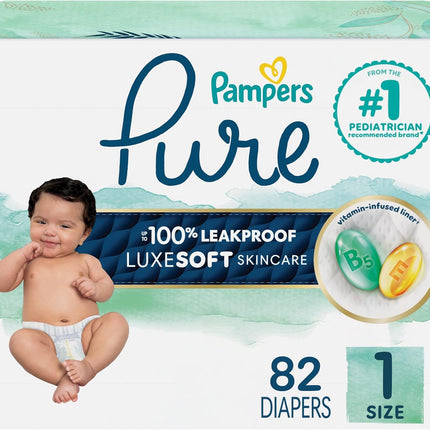 Pampers Pure Baby Diapers, Size 1 (8-14 lbs), 82, Up to 100% Leakproof, Premium Hypoallergenic Soft Diapers