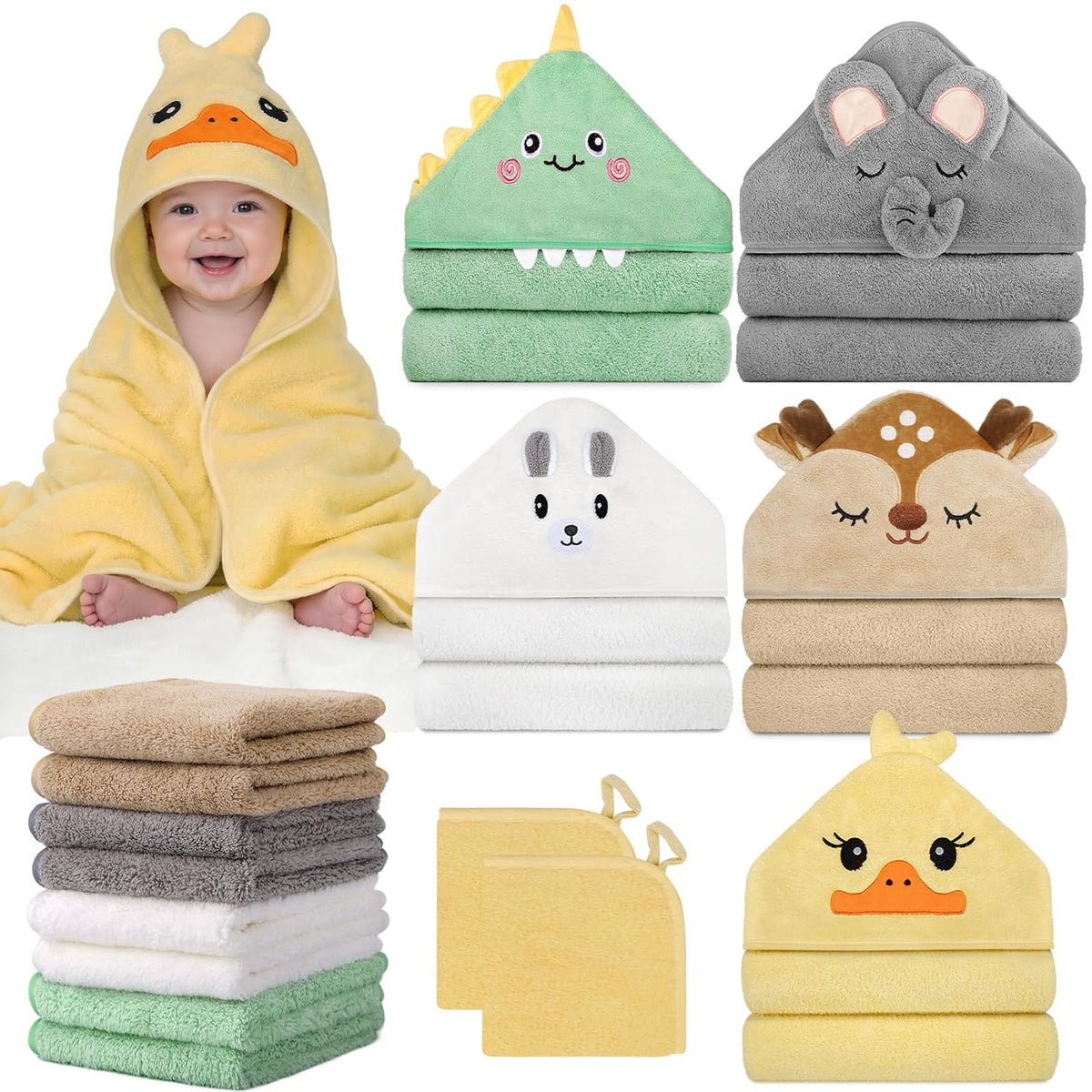 15-Piece Baby Bath Towels Set with Animal Hooded Towels and Washcloths