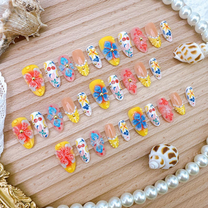 30Pcs Summer Press on Nails Medium Almond 3D Lemon French Tip Fake Nails with Gold Beads Summer Fruit Acrylic Nails 3D Flower False Nail Kit Blueberry Cherry Flowers Full Cover Glue on Nails for Women