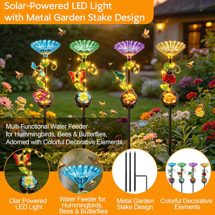 Solar Hummingbird Feeder with LED Light,Garden Bird&Butterfly Water Feeder Stakes,Solar Garden Decor for Hummingbirds Bees&Butterflies,Metal Yard Stakes with Dragonfly Ladybug Bird & Butterfly(4 Pack)