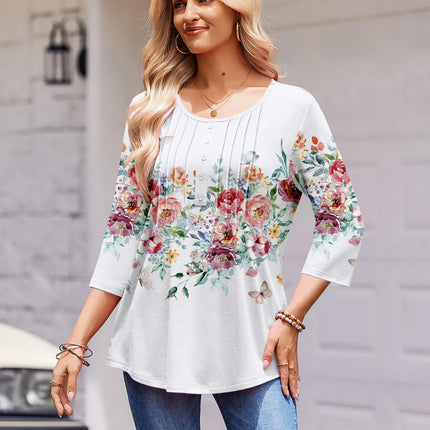 3/4 Length Sleeve Womens Tops Round Neck Casual Summer Tunic Tops Basic Tees Blouses Dressy T-Shirts Pleated Shirts
