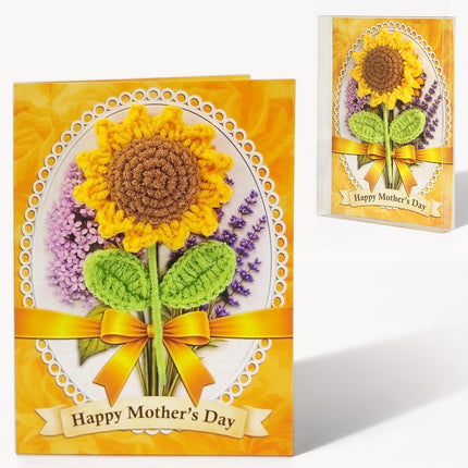 Mothers Day Card Sunflower Crochet Handmade Knitted, Sunflower Mothers Day Gift, Happy Mother Card for Mom Grandma Sister Wife Aunt Friend from Daughter Dad Son, 5x7 Inch with Plastic Box Included