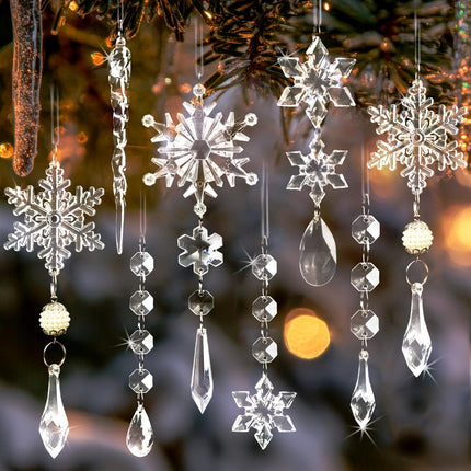 Crystal Christmas Tree Ornaments, Clear Acrylic Snowflake & Icicle, 18pcs