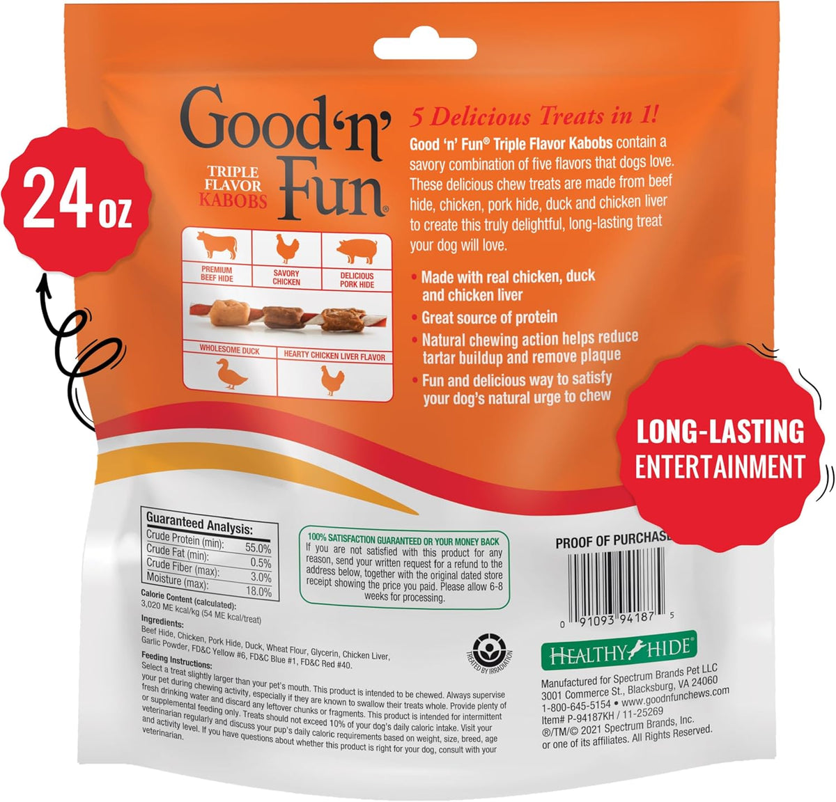 Triple Flavor Kabobs Long-Lasting Dog Treat, Beef Hide and Chicken, 24 oz - photo 2