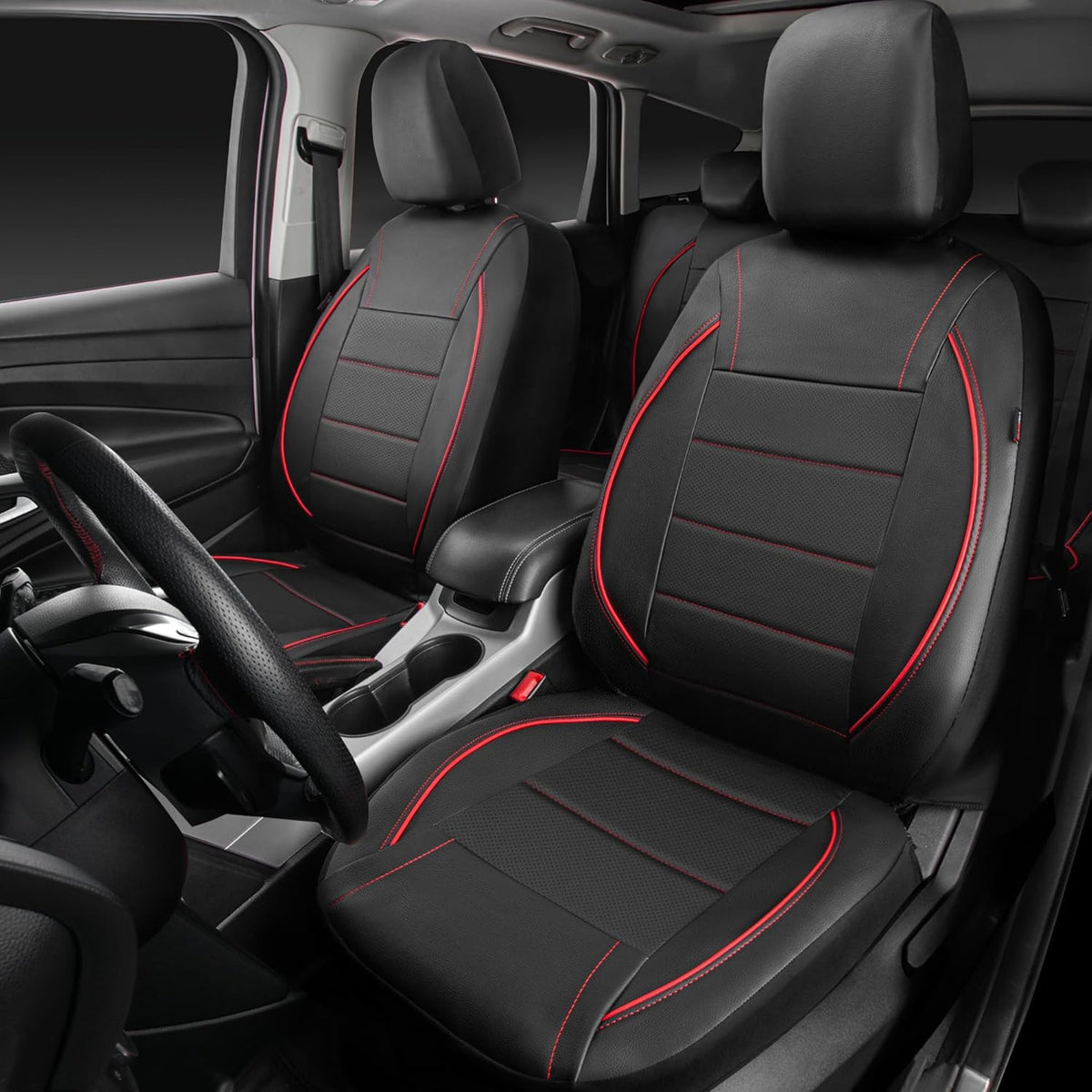 Universal Fit Waterproof Faux Leather Two Front Seat Covers, Black Red - photo 3