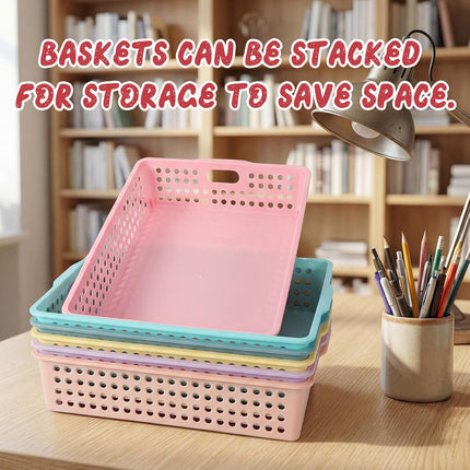 Tenceur 6 Pcs Turn in Trays Classroom, Stackable Tray for Classroom Plastic Storage Baskets Teacher Organizers for Library Drawers Office Desk (Classic,Pastel,13.5 x 10 x 3.1 Inches)