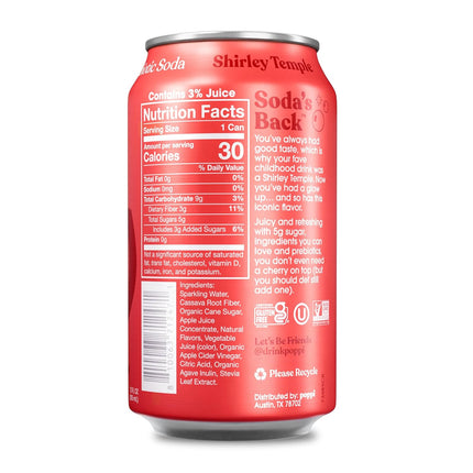 Sparkling Prebiotic Soda Beverage with Apple Cider Vinegar, Seltzer Water and Fruit Juice, Shirley Temple, 12 Fl Oz, Pack of 12