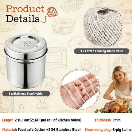 Kitchen Twine for Cooking with Stainless Steel Dispenser, Cotton Butchers Twine for Cooking Meat, Natural Kitchen Twine, Center Pull Design (White) (1 Roll + 1 Dispenser)