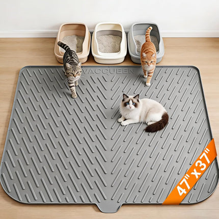 Cat Litter Box Mat, 47" x 37" Extra Large Cat Litter Mat, Silicone Waterproof Litter Trapping Mat for Scatter Control Soft on Kitty Paws Non-Slip Easy to Clean（Grey)