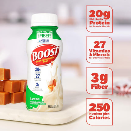 BOOST High Protein with Fiber Ready to Drink Complete Nutritional Drink, Caramel, 8 fl oz Bottle, 24 Pack