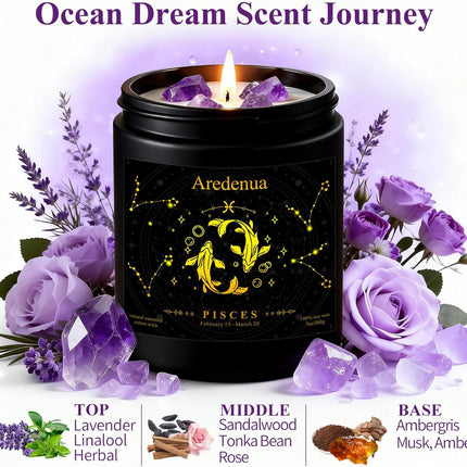 Pisces Zodiac Crystal Candles Gift for Women Men - Amethyst Healing Scented Soy Candle with Lavender Aromatherapy for Relaxation, 7oz 50 Hour Burn, Unique Zodiac Sign Candle for Brithday