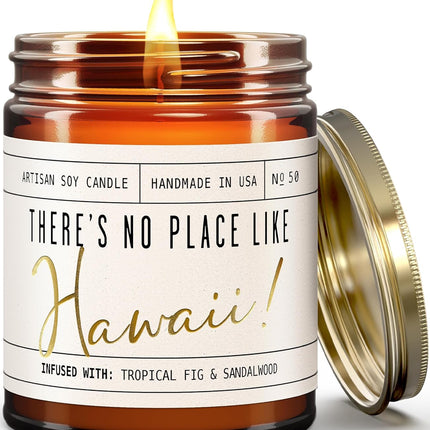 Hawaii Gifts, Hawaii Decor for Home - 'There's No Place Like HawaiiCandle, w/Tropical Fig & Native Sandalwood I Hawaii Souvenirs I Hawaii State Gifts I 9oz Jar, 50Hr Burn, USA Made