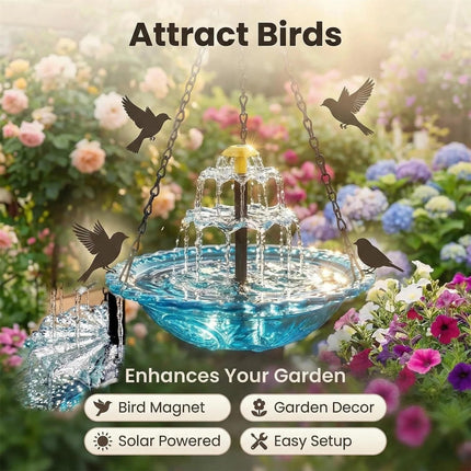 2026 Solar Cascade Hanging Bird Bath Fountain - 3 Layers Outdoor Water Feature for Hummingbirds, Easy-Clean 9.3" Glass Basin with Solar Powered Pump, Attract Wild Birds to Garden, Patio (Blue)