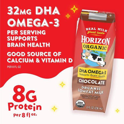 Horizon Organic Shelf Stable 1% Lowfat DHA Omega-3 Chocolate Milk Boxes, 6 Count (Pack of 3) - 8g Protein per Serving