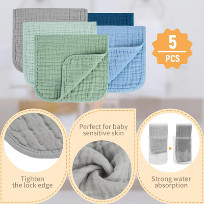 Baby Burp Cloth 100% Cotton Newborn Cotton Muslin Burp Cloth 10x20 inches (Blue & Green 5 Pieces) - photo 3