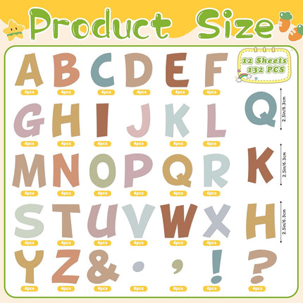 Bulletin Board Letters 132 Pcs 12 Sheets Large Letter Stickers Vinyl Self-Adhesive Alphabet Stickers Uppercase A-Z Letters for Poster Board Mailbox Party Classroom Decor DIY Crafts (2.5 Inch, Boho)