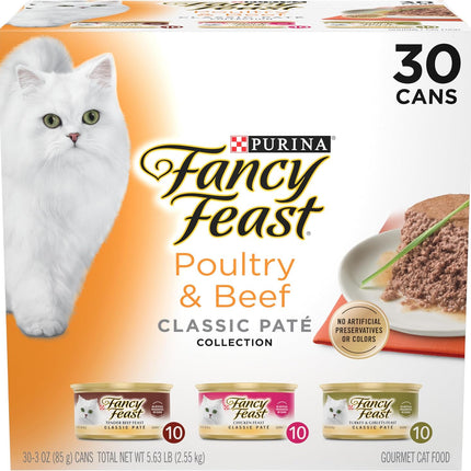 Fancy Feast Poultry and Beef Feast Classic Pate Collection Grain Free Wet Cat Food Variety Pack - (Pack of 30) 3 oz. Cans