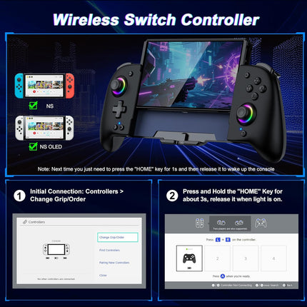 Gammeefy Switch Controllers Compatible with Nintendo Switch/Switch OLED, One-Piece Joypad Controller Replacement for Switch Pro Controller with 9 Lights Color, Turbo, Macro, KeyLinker APP, Game Boy Color