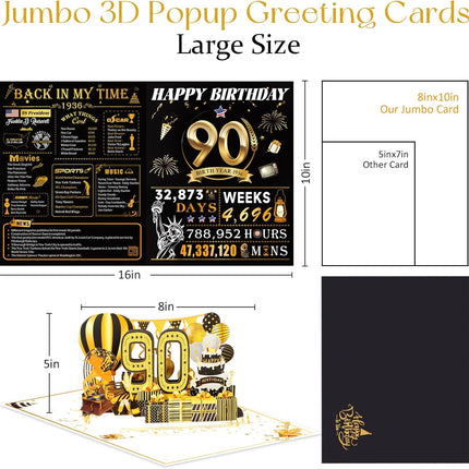 90th Birthday Cards for Women Men, 3D Pop Up 90th Birthday Gift Ideas for Grandma Mom Dad, Funny 90 Year Old Birthday Decorations for Husband Wife Parents Him Her, Jumbo Back In 1936 ﻿