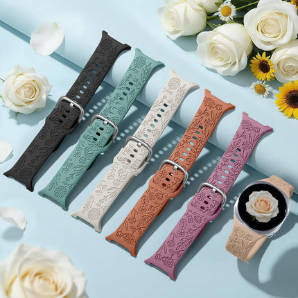 SNBLK Floral Engraved Bands Compatible with Samsung Galaxy Watch 8 Band 40mm 44mm/Galaxy Watch 8 Classic Band 46mm, 6Pack Flower Soft Silicone Sport Replacement Strap for Samsung Watch Bands Women Men