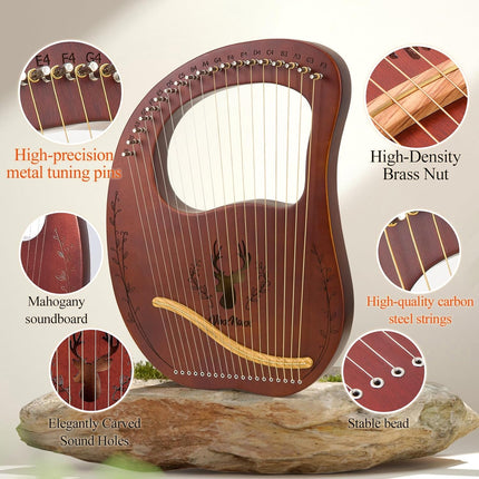 Lyre Harp, 19-String Mahogany Lyra Harp Kit, Stringed Musical Instruments with Tuning Wrench Bag Instructions Extra Strings for Beginners Adults