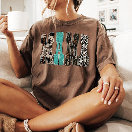 Comfort Colors Mama Western Cow Print Leopard Star T-Shirt Mother’s Day Graphic Tee Rustic Country Shirt