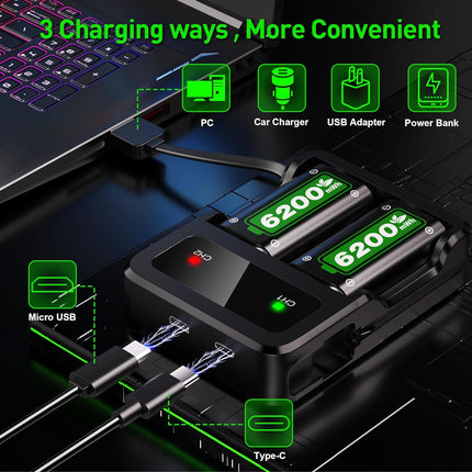 Ukor Fast Charging 2x6200mWh Rechargeable Battery Packs with Charger for Xbox One/Xbox Series X|S Xbox One S/Xbox One X/Xbox One Elite Wireless Controller, Lasting Intelligent Protection