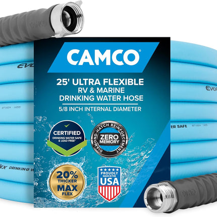 Camco EVOFlex 25-Ft RV Drinking Water Hose - Features Extra Flexible Design w/Stainless Steel Strain Relief Ends - Lead-Free, BPA-Free and Phthalate-Free - 5/8” Inside Diameter (22591)