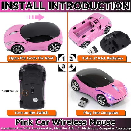 HuGuWdy Pink Wireless Car Mouse - 2.4G Wireless with USB Receiver, Optical Mouse for PC, Laptop, Tablet - Win XP/Vista/7/ME/2000/Mac OS Pink Mouse for Her for Christmas