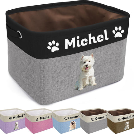 Personalized Dog Toy Basket with Pet's Name, Custom Dog Toy Bin, Sturdy Foldable Collapsible Storage Box, Dog Toy Box with Handles for Dog Toys, Dog Clothing, Dog Apparel, Accessories (Black)
