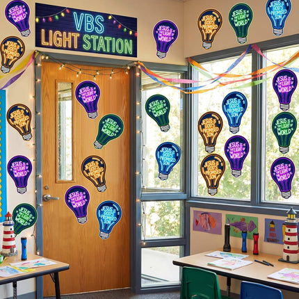 Sabary 16 Pcs VBS 2026 Light Bulb Cutouts Illumination Decorations 7.8x12.2 Inch Christian Jesus Neon Light Bulb Paper Cutout Set for VBS Church Decorations Bulletin Board Craft Classroom Wall Decor