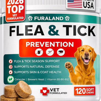 Flea and Tick Prevention for Dogs Chewables - Natural Dog Flea and Tick Treatment - Oral Control Pills - Vet Recommended Supplement - Skin & Coat Support Soft Chews - All Breeds & Sizes - Made in USA