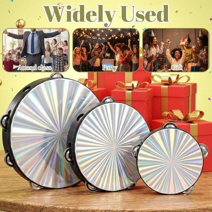 3 Pack Radiant Tambourine for Adults, 6", 8", 10" Sizes Wooden Tambourine with Double Row Metal Jingles, Reflective Hand Drums Tambourines Musical Instrument for Church, Dance, Party, KTV