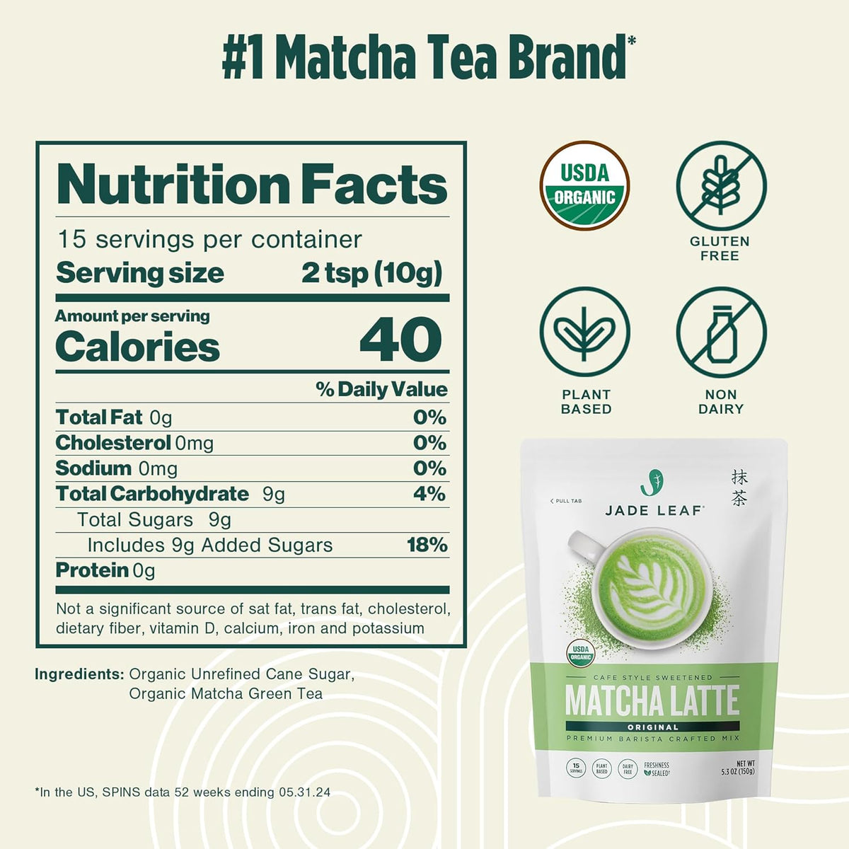 Organic Matcha Latte Mix, Lightly Sweet Japanese Matcha Powder with Organic Cane Sugar, 5.3 oz - photo 2