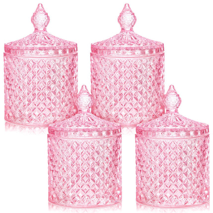 4 Pcs Crystal Glass Candy Jar Set with Lids Home Decorative Storage Jars for Apothecary, Bathroom, Kitchen, and Pantry, Ideal for Cotton Swabs and Jewelry (Medium,Green)