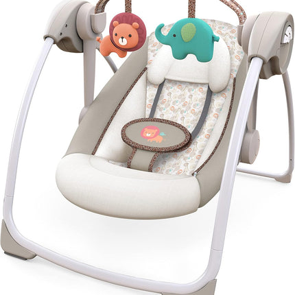 Ingenuity Soothe 'n Delight Compact Portable 6-Speed Plush Baby Swing with Music, Folds Easy, 0-9 Months 6-20 lbs (Cozy Kingdom)