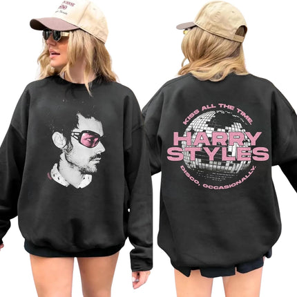 Handmade Harry Kiss All The Time Sweatshirt, Disco Occasionally Disco Ball Front and Back Crewneck, Fan Gift Retro Concert Tour Unisex Multicolor