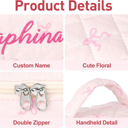 Personalized Large Quilted Makeup Bag for Women,Custom Cotton Travel Cosmetic Bag with Embroidered Name,Cute Toiletry Organizer Bag Bridesmaid Birthday Gift