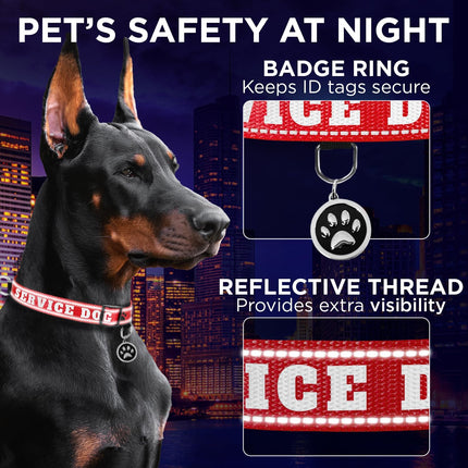 TECEUM Reflective Pet Collar – Red - Service Dog – S – Extra Soft Padding – Basic Nylon Dog Collar – Quick Release Buckle – Fits Small, Medium and Large Dogs, Puppies, Cats