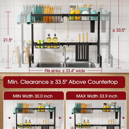 Over The Sink Dish Drying Rack - Adjustable 2 Tier Large Capacity Stainless Steel Drainer with Cutlery & Utensil Holders, Kitchen Storage & Organization, 30"-33.9" L x 11" W x 21.5" H, Black