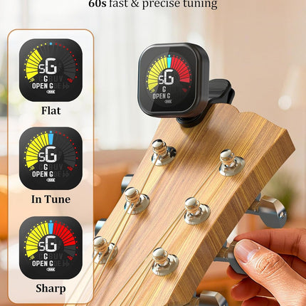 New Bee Guitar Tuner Clip-On Rechargeable with Color Screen 360° Rotatable Acoustic Chromatic Open Tuning for Guitar, Bass, Ukulele, Violin, Cello(Black, 1 Pack)