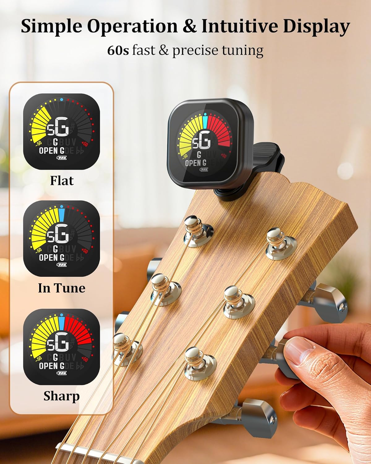 Guitar Tuner Clip-On Rechargeable with Color Screen 360° Rotatable Acoustic Chromatic Open Tuning for - photo 4