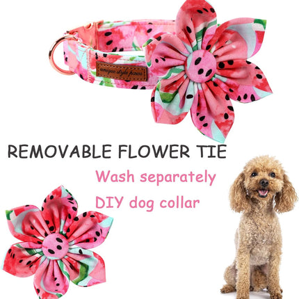 Unique style paws Dog Collar with Flower Tie Cotton Watermelon Collar Adjustable Summer Collar for Small Medium Large Dogs - M