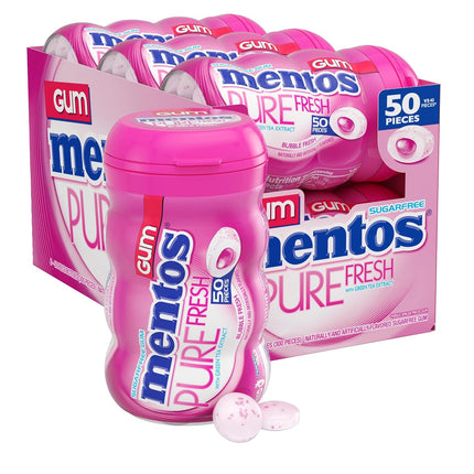 Mentos Pure Fresh Sugar Free Gum With Xylitol Sweetener, Bubble Fresh, 90% Recyclable Curvy Bottle, 50 Pieces per Bottle, 6 Pack