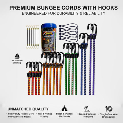 30PCS Bungee Cords with Hooks Set, 8mm, 12", 18", 24", 32", 40"